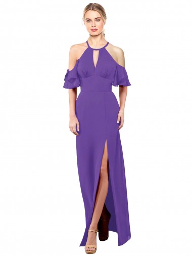 Soft Chiffon Open Back Long Halter Neck Purple A-Line Bridesmaid Dress Stockport