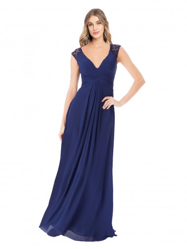 Soft Chiffon Keyhole Back Long V-Neck Sapphire A-Line Bridesmaid Dress Stockport