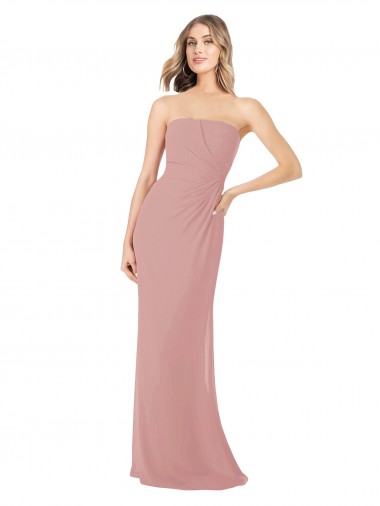 Soft Chiffon Long Strapless Dusty Pink Sheath Bridesmaid Dress Stockport