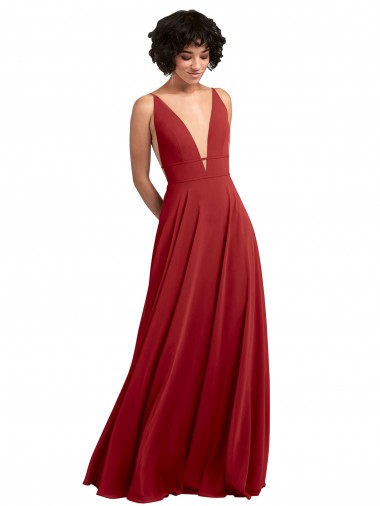 Lxue Chiffon V-Back Long V-Neck Red A-Line Bridesmaid Dress Stockport