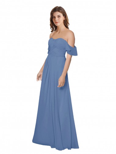 Soft Chiffon Open Back Long Off the Shoulder Windsor Blue A-Line Bridesmaid Dress Stockport