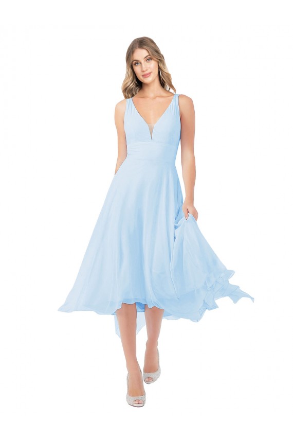 Soft Chiffon Keyhole Back Midi Length V-Neck A-Line Bridesmaid Dress Stockport