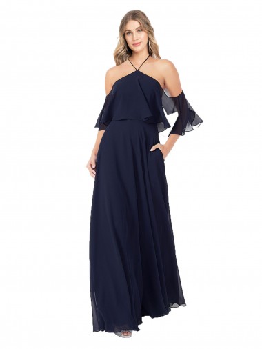 Soft Chiffon Long Halter Neck Dark Navy A-Line Formal Dress / Bridesmaid Dress Stockport
