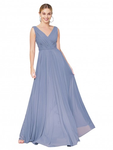 Soft Chiffon V-Back Long V-Neck Dusty Blue A-Line Formal Evening Gown / Prom Dress / Bridesmaid Dress Stockport