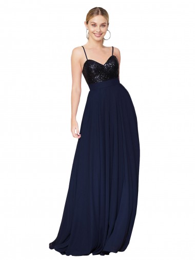 Soft Chiffon & Sequin Long Spaghetti Straps A-Line Semi Formal Evening Dress / Prom Dress / Bridesmaid Dress Stockport