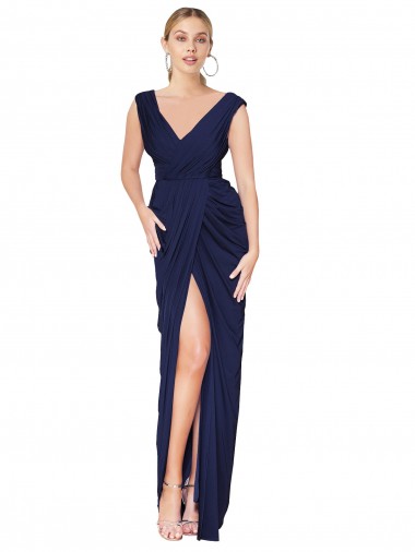 Soft Chiffon V-Back Long V-Neck Dark Navy Mermaid Formal Evening Gown / Prom Dress / Bridesmaid Dress Stockport