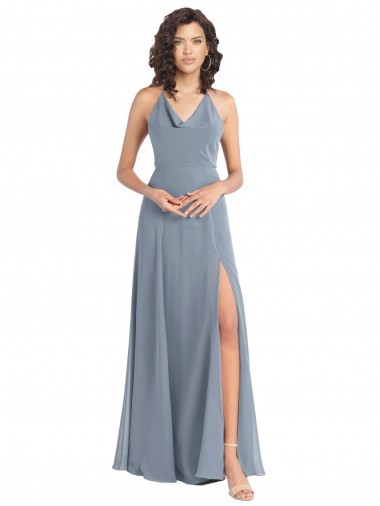 Soft Chiffon V-Back Long Halter Neck Dusty Blue A-Line Bridesmaid Dress Stockport