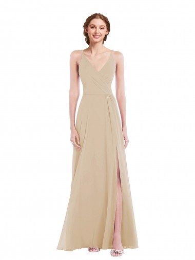 Soft Chiffon Criss Cross Back Long V-Neck A-Line Semi Formal Evening Dress / Bridesmaid Dress Stockport