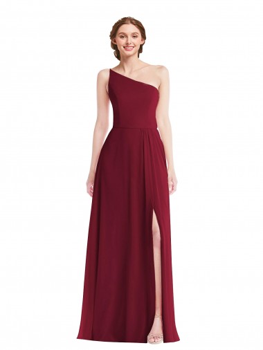 Soft Chiffon Long One Shoulder Burgundy A-Line Semi Formal Evening Dress / Bridesmaid Dress Stockport