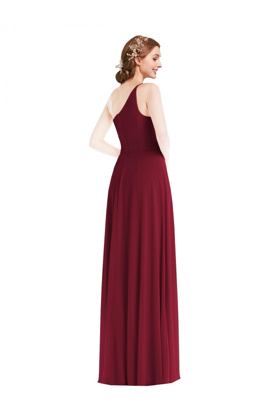 Soft Chiffon Long One Shoulder Burgundy A-Line Semi Formal Evening Dress / Bridesmaid Dress Stockport