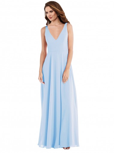 Soft Chiffon Long V-Neck Light Sky Blue A-Line Semi Formal Evening Dress / Bridesmaid Dress Stockport