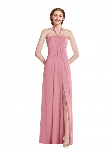 Soft Chiffon Open Back Long Halter Neck Skin Pink A-Line Semi Formal Evening Dress / Bridesmaid Dress Stockport