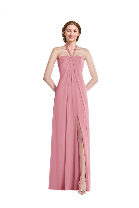 Soft Chiffon Open Back Long Halter Neck Skin Pink A-Line Semi Formal Evening Dress / Bridesmaid Dress Stockport