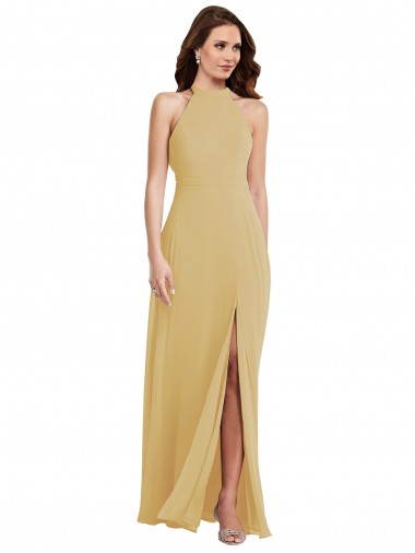 Soft Chiffon Criss Cross Open Back Long Halter Neck A-Line Semi Formal Evening Dress / Bridesmaid Dress Stockport