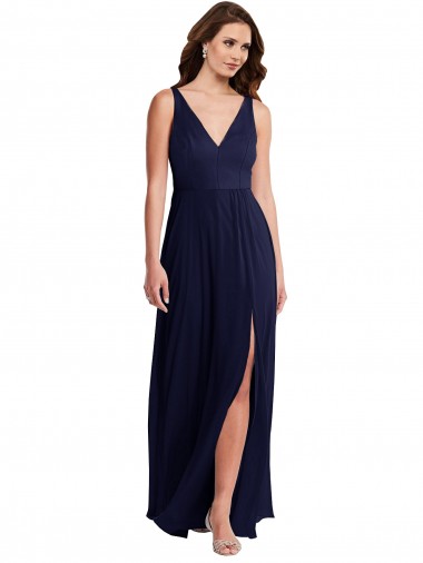 Soft Chiffon V-Back Long V-Neck Dark Navy A-Line Black Tie Evening Gown / Bridesmaid Dress Stockport