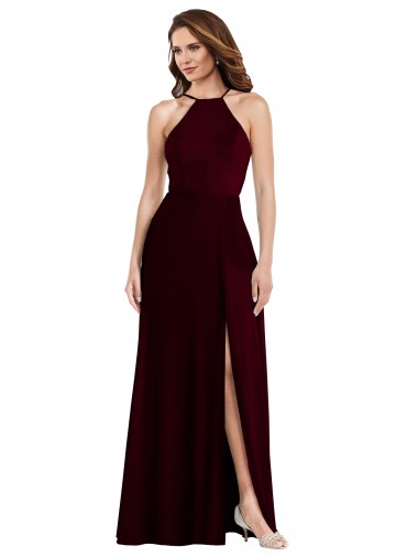 Soft Chiffon Low Back Long Spaghetti Straps Burgundy Gold A-Line Semi Formal Evening Dress / Bridesmaid Dress Stockport