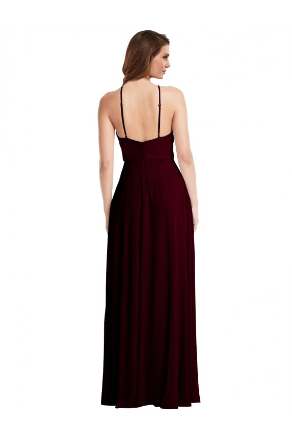 Soft Chiffon Low Back Long Spaghetti Straps Burgundy Gold A-Line Semi Formal Evening Dress / Bridesmaid Dress Stockport