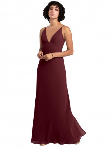 Soft Chiffon V-Back Long V-Neck Burgundy Gold A-Line Bridesmaid Dress / Formal Dress Stockport
