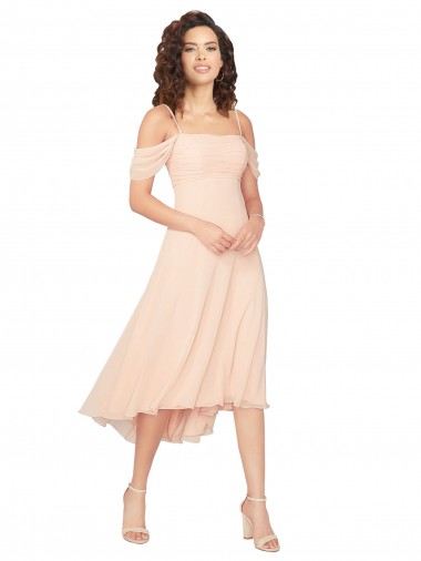 Soft Chiffon Low Back Midi Length Square Neck A-Line High Low Bridesmaid Dress Stockport