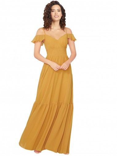Soft Chiffon Keyhole Back Long V-Neck Saffron A-Line Bridesmaid Dress Stockport