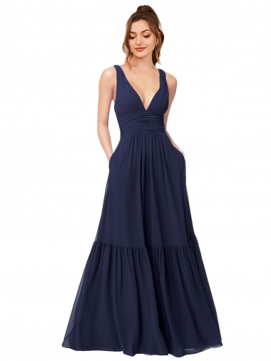 Chiffon V-Back Long Full Length V-Neck A-Line Evening Gowns / Bridesmaid Dress Stockport