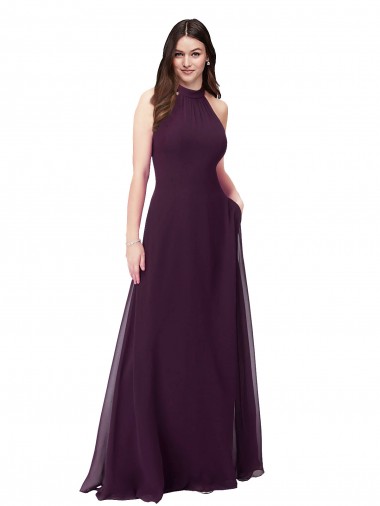 Soft Chiffon Keyhole Back Long Halter Neck Grape A-Line Bridesmaid Dress Stockport