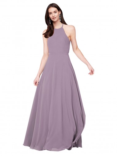 Chiffon Keyhole Back Long Halter Neck Dark Lavender A-Line Bridesmaid Dress / Evening Dress Stockport