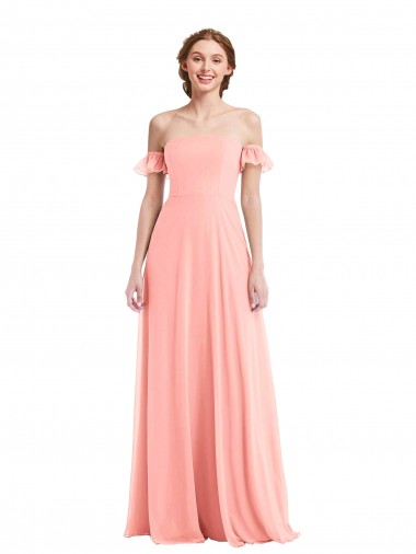 Soft Chiffon Long Off the Shoulder Salmon A-Line Semi Formal Evening Dress / Bridesmaid Dress Stockport