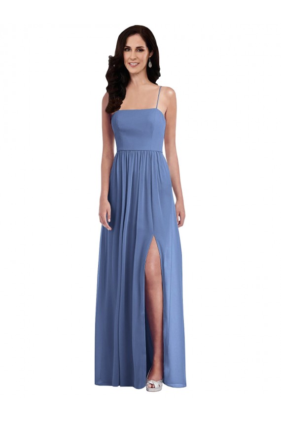 Soft Chiffon Low Back Long Spaghetti Straps Windsor Blue A-Line Semi Formal Evening Dress / Bridesmaid Dress Stockport