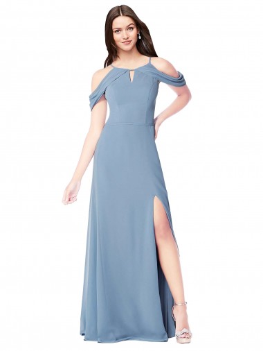 Soft Chiffon Long Off the Shoulder Dusty Blue A-Line Evening Dress / Bridesmaid Dress Stockport