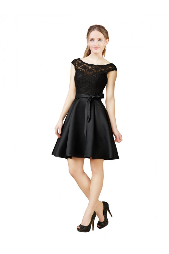 Satin & Lace V-Back Knee Length Illusion Neck A-Line Bridesmaid Dress Stockport