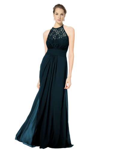 Soft Chiffon & Lace Keyhole Back Long Halter Neck A-Line Formal Dress / Bridesmaid Dress Stockport