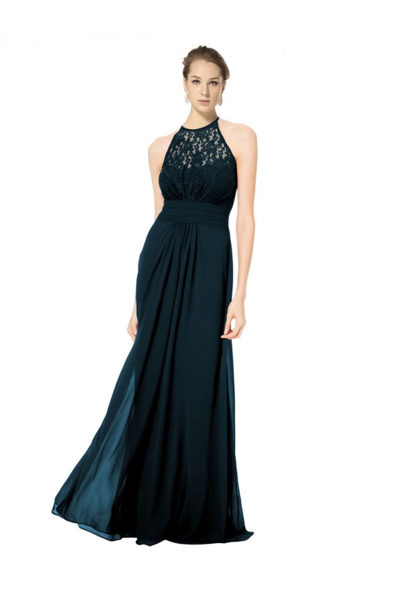 Soft Chiffon & Lace Keyhole Back Long Halter Neck A-Line Formal Dress / Bridesmaid Dress Stockport