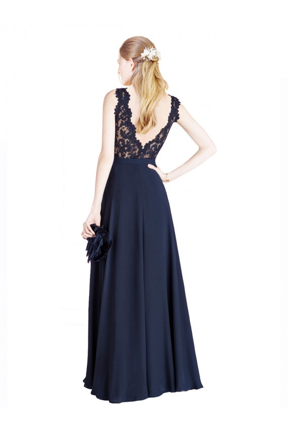 Soft Chiffon & Lace V-Back Long Illusion Neck A-Line Prom Dress / Bridesmaid Dress Stockport