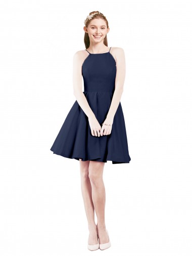 Satin Open Back Knee Length Halter Neck A-Line Bridesmaid Gown Stockport