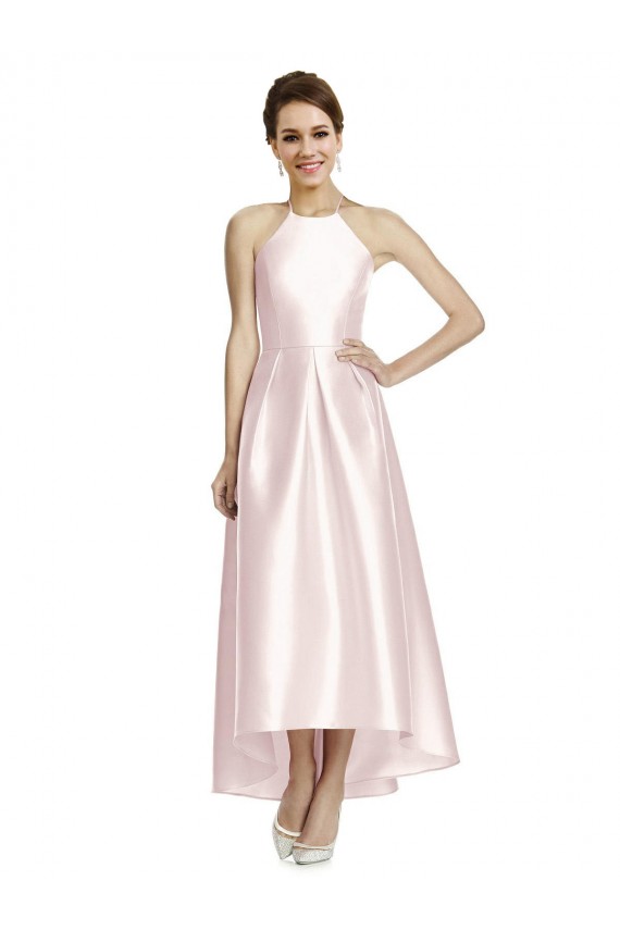 Satin Criss Cross Open Back Long Spaghetti Straps A-Line High Low Bridesmaid Dress Stockport