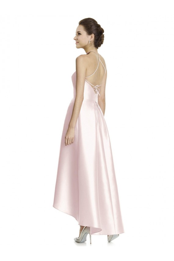 Satin Criss Cross Open Back Long Spaghetti Straps A-Line High Low Bridesmaid Dress Stockport