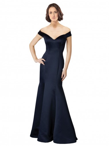 Satin Long Off the Shoulder Dark Navy Mermaid Prom Dress / Bridesmaid Dress Stockport