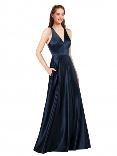 Satin Keyhole Back Long V-Neck A-Line Formal Evening Gown / Prom Dress / Bridesmaid Dress Stockport