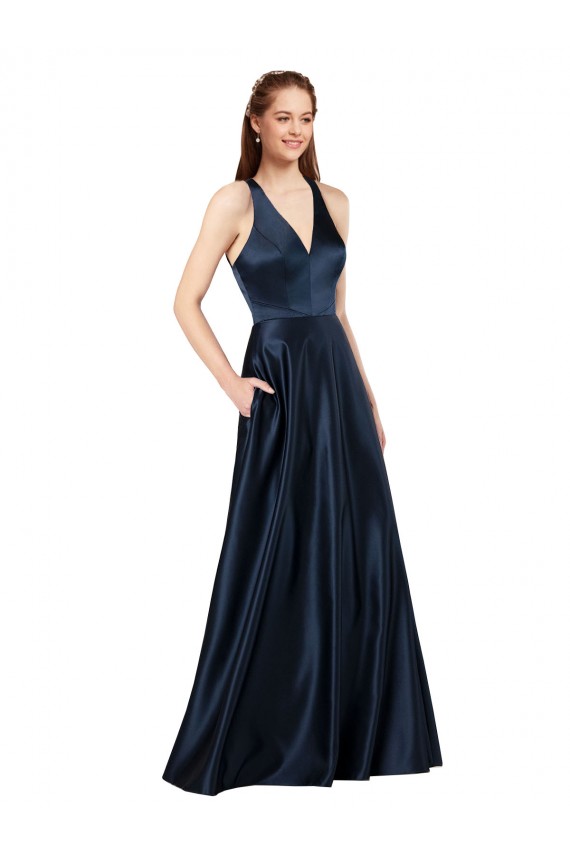 Satin Keyhole Back Long V-Neck A-Line Formal Evening Gown / Prom Dress / Bridesmaid Dress Stockport