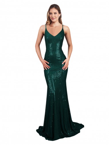 Sequin Low Back Long V-Neck Dark Green Mermaid Formal Evening Gown / Prom Dress / Bridesmaid Dress Stockport