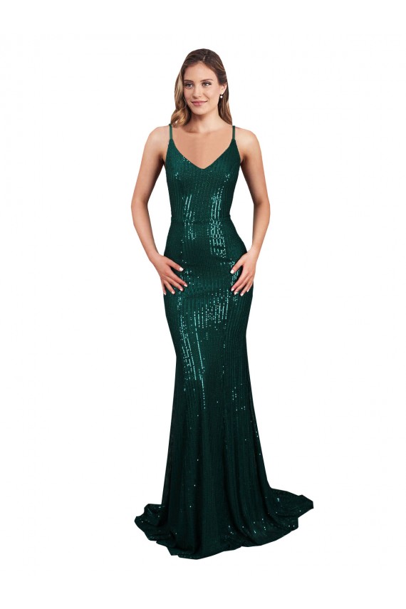 Sequin Low Back Long V-Neck Dark Green Mermaid Formal Evening Gown / Prom Dress / Bridesmaid Dress Stockport