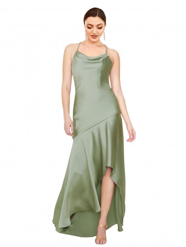 Silk like Satin Criss Cross Open Back Long Cowl Neck A-Line High Low Evening Gown / Prom Dress / Bridesmaid Dress Stockport