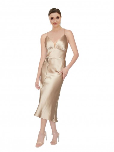 Silk like Satin Midi Length V-Neck A-Line Formal Evening Gown / Prom Dress / Bridesmaid Dress Stockport