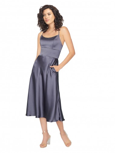 Silk like Satin Criss Cross Back Midi Length Scoop Neck A-Line Prom Dress / Bridesmaid Dress Stockport