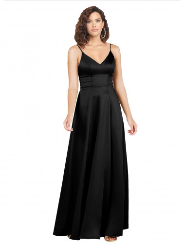 Silk like Satin V-Back Long V-Neck Black A-Line Formal Evening Gown / Prom Dress / Bridesmaid Dress Stockport