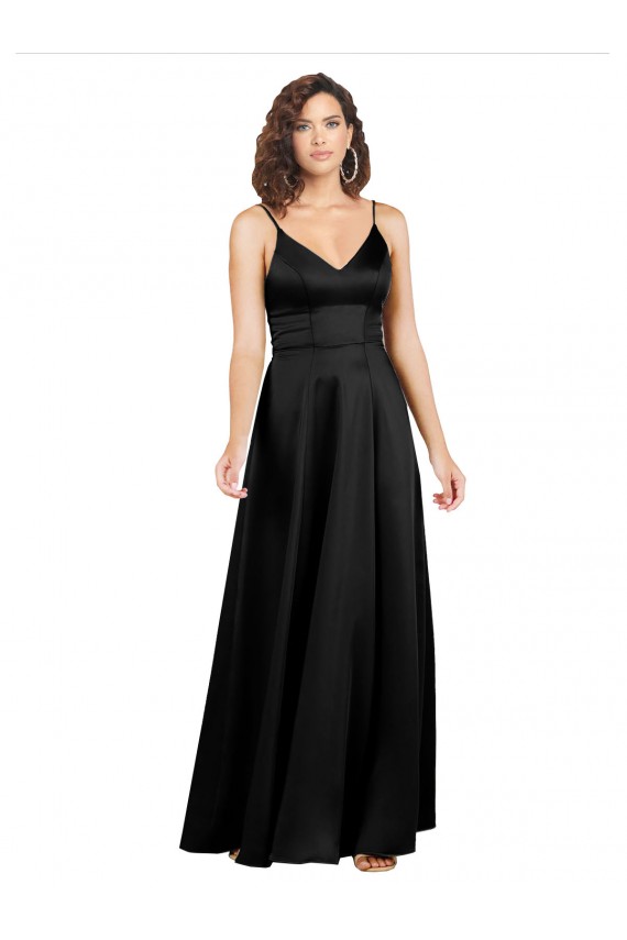 Silk like Satin V-Back Long V-Neck Black A-Line Formal Evening Gown / Prom Dress / Bridesmaid Dress Stockport