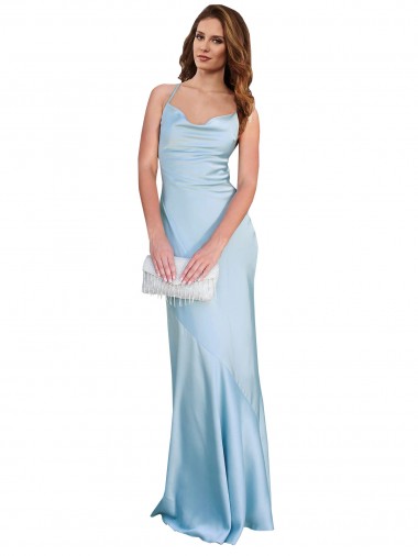 Silk like Satin Criss Cross Open Back Long Cowl Neck Light Sky Blue Sheath Formal Evening Gown / Prom Dress / Bridesmaid Dress Stockport