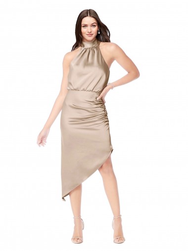 Silk like Satin Midi Length Halter Neck A-Line High Low Prom Dress / Bridesmaid Dress Stockport
