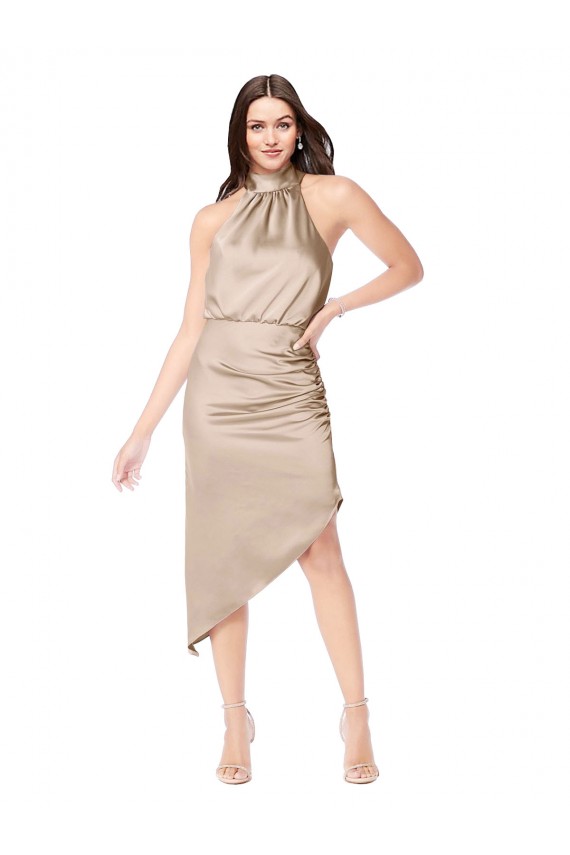 Silk like Satin Midi Length Halter Neck A-Line High Low Prom Dress / Bridesmaid Dress Stockport